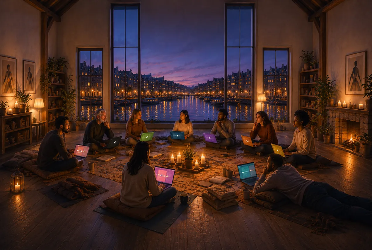 A circle of people on cushions in a candlelit canal-side room in Amsterdam at night, glowing laptops between them and the lit city across the water through tall windows.